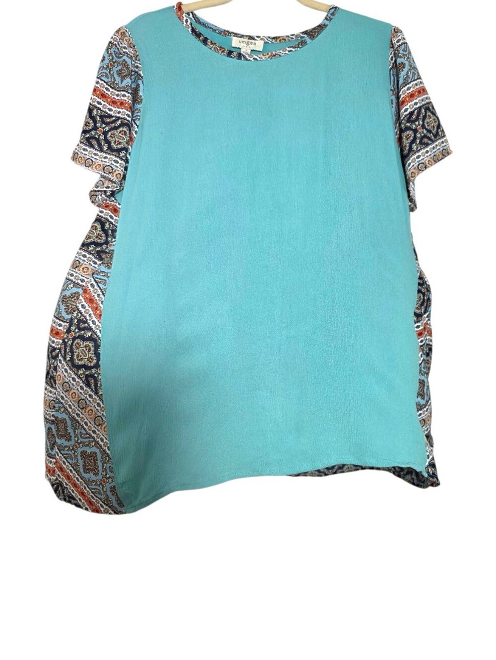 Umgee Pintuck Light Blue Mixed-Print Short Sleeve Women’s Top Small